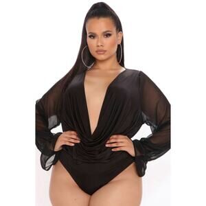 Fashion Nova Anything Could Draped Bodysuit Sz XL Black Plunging Cowl Neck Luxe